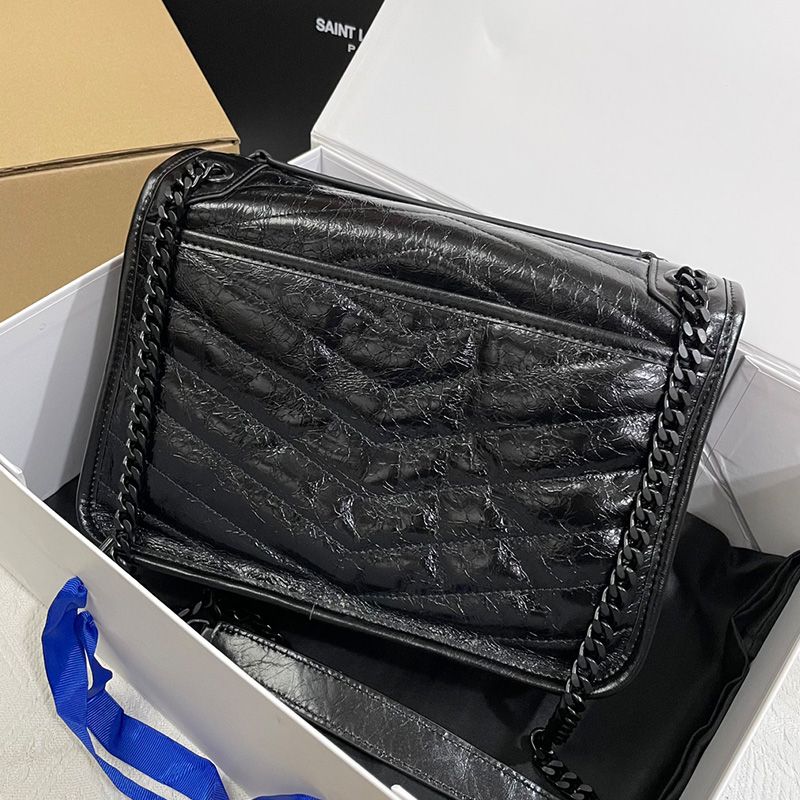 Saint Laurent Medium Niki Chain Bag In Crinkled And Quilted Leather Black