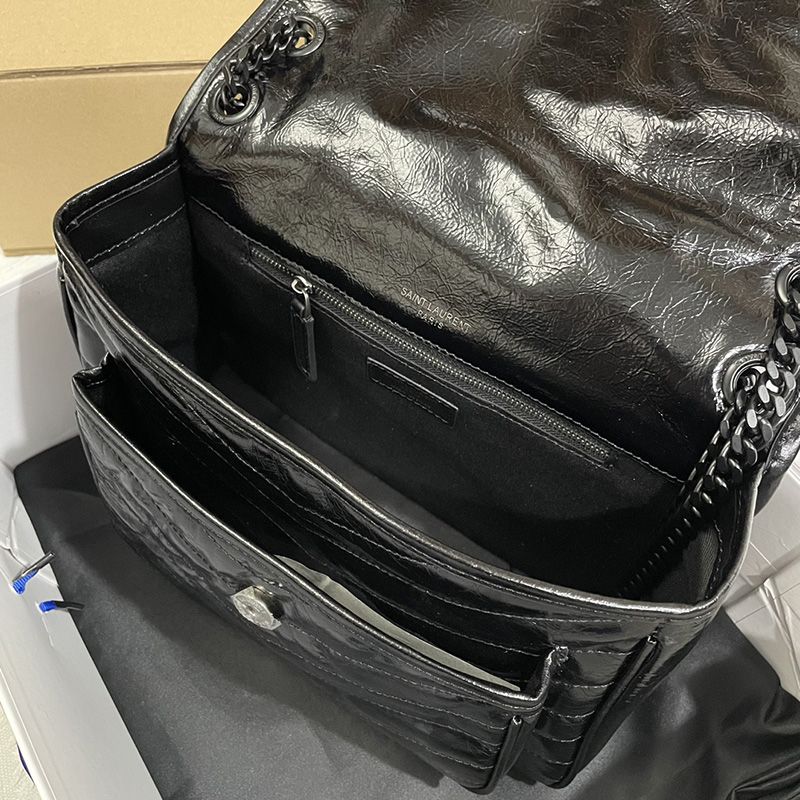 Saint Laurent Medium Niki Chain Bag In Crinkled And Quilted Leather Black