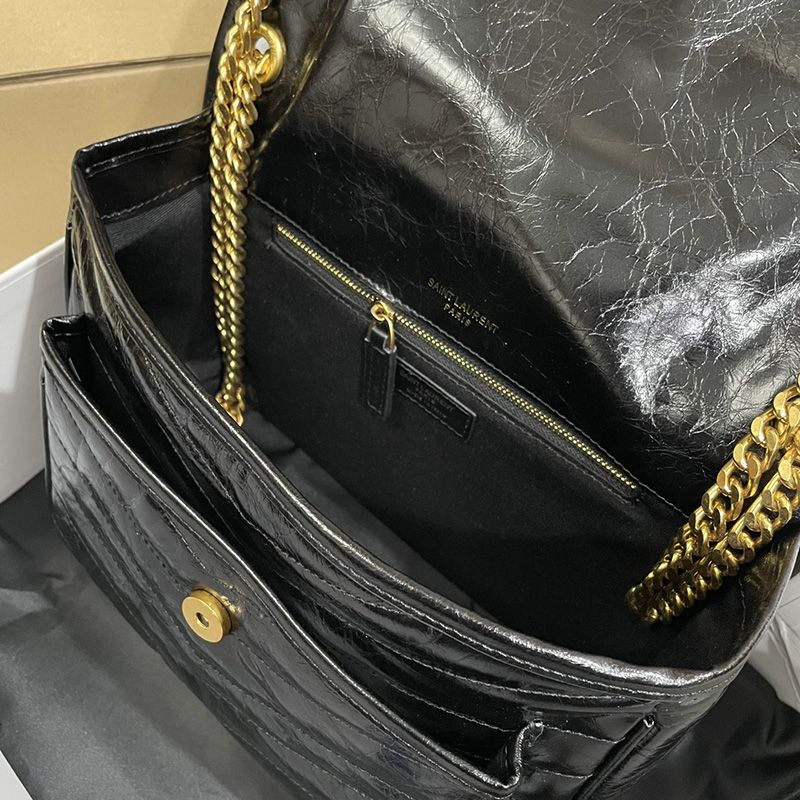 Saint Laurent Medium Niki Chain Bag In Crinkled And Quilted Leather Black Gold