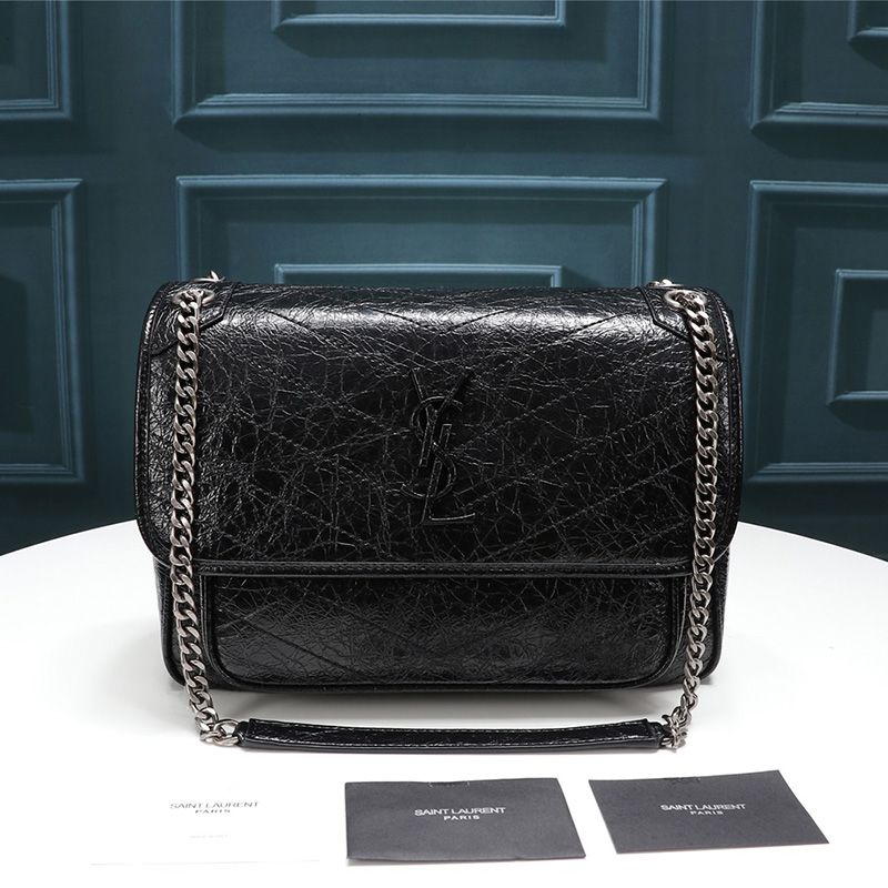 Saint Laurent Medium Niki Chain Bag In Crinkled And Quilted Leather Black Silver