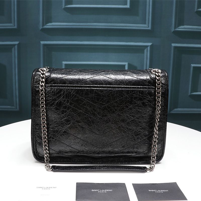 Saint Laurent Medium Niki Chain Bag In Crinkled And Quilted Leather Black Silver