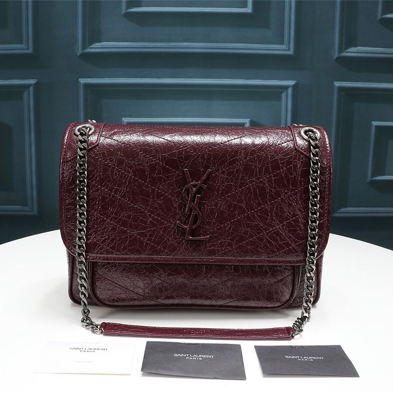 Saint Laurent Medium Niki Chain Bag In Crinkled And Quilted Leather Burgundy Silver