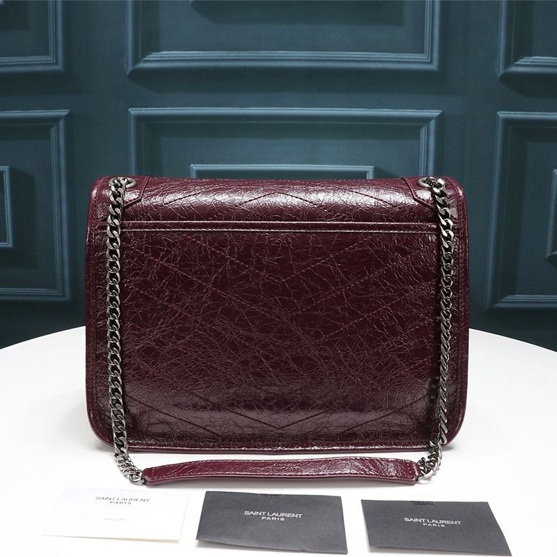 Saint Laurent Medium Niki Chain Bag In Crinkled And Quilted Leather Burgundy Silver