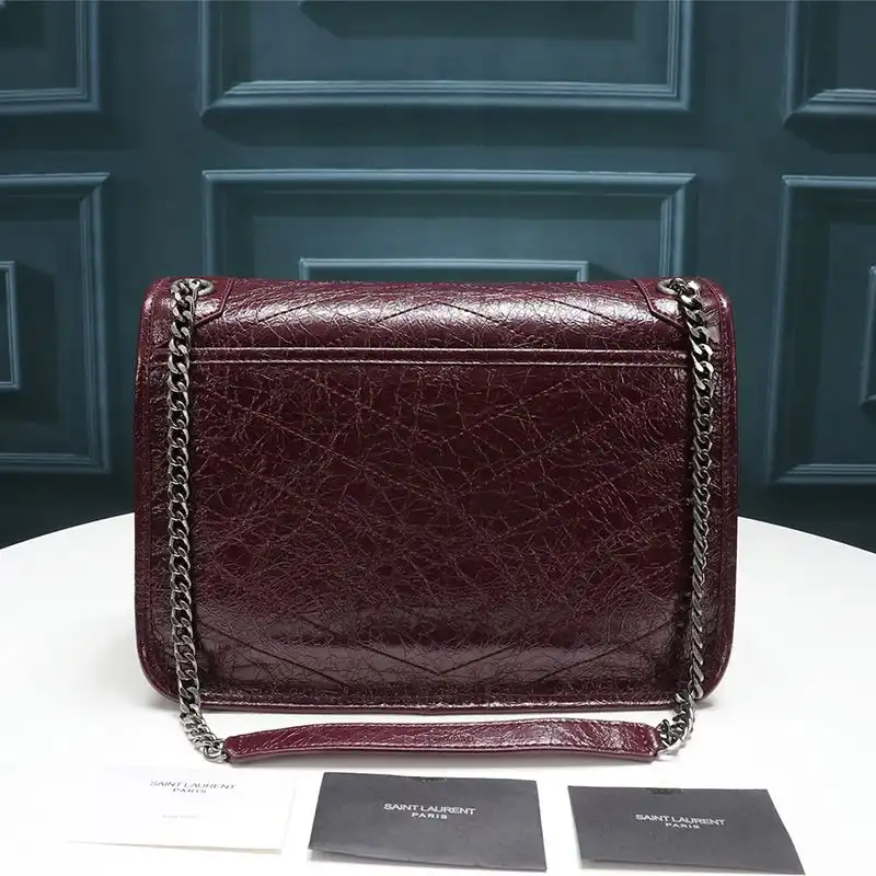 CHEAP Saint Laurent Medium Niki Chain Bag In Crinkled And Quilted Leather Burgundy Silver