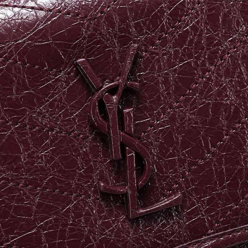 Saint Laurent Medium Niki Chain Bag In Crinkled And Quilted Leather Burgundy Silver