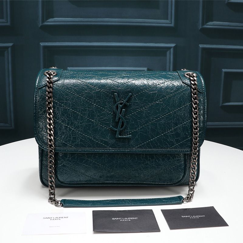 Saint Laurent Medium Niki Chain Bag In Crinkled And Quilted Leather Green Silver