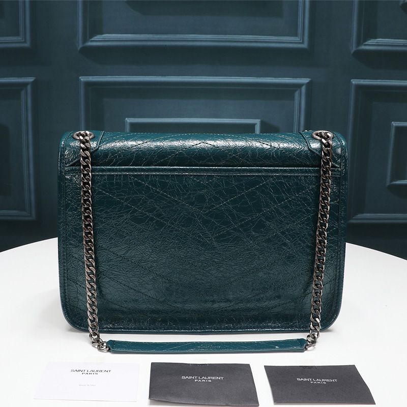 Saint Laurent Medium Niki Chain Bag In Crinkled And Quilted Leather Green Silver