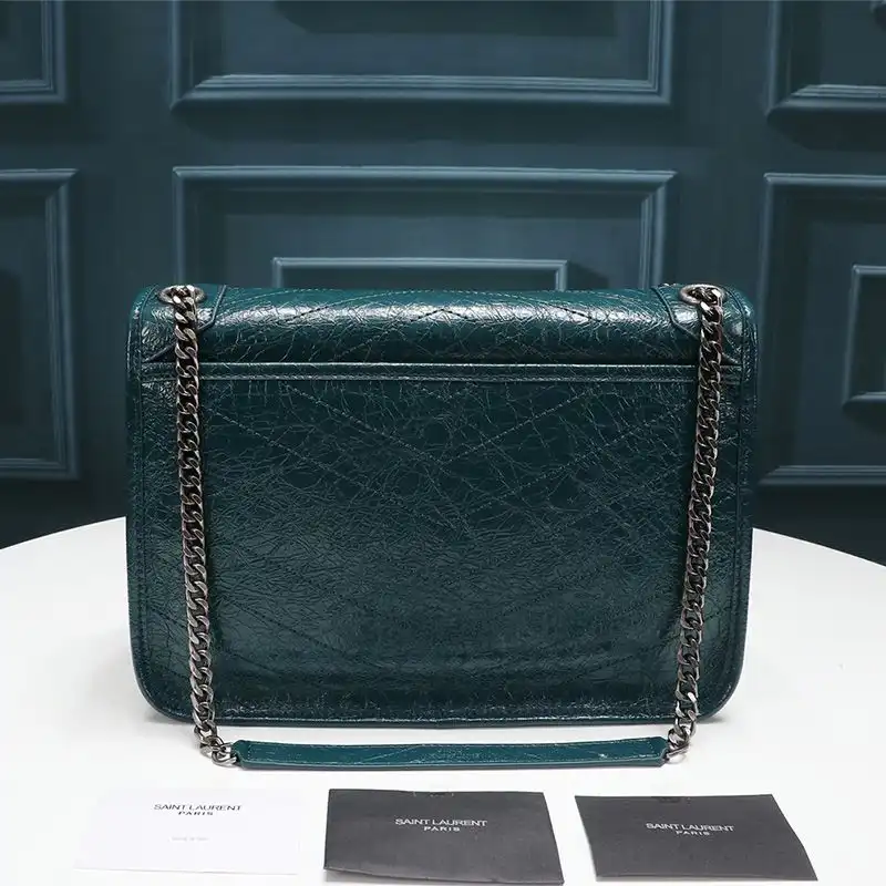 CHEAP Saint Laurent Medium Niki Chain Bag In Crinkled And Quilted Leather Green Silver