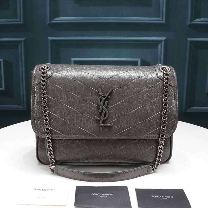 Saint Laurent Medium Niki Chain Bag In Crinkled And Quilted Leather Grey Silver