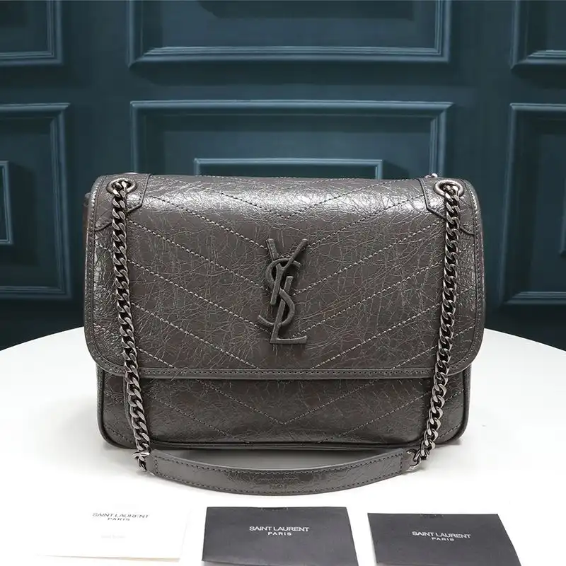 Saint Laurent Medium Niki Chain Bag In Crinkled And Quilted Leather Grey Silver