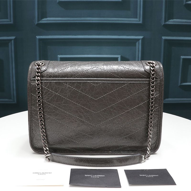 Saint Laurent Medium Niki Chain Bag In Crinkled And Quilted Leather Grey Silver