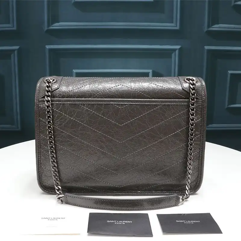 CHEAP Saint Laurent Medium Niki Chain Bag In Crinkled And Quilted Leather Grey Silver