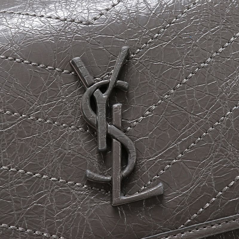 Saint Laurent Medium Niki Chain Bag In Crinkled And Quilted Leather Grey Silver