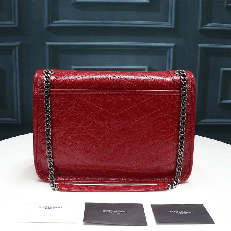 Saint Laurent Medium Niki Chain Bag In Crinkled And Quilted Leather Red Silver