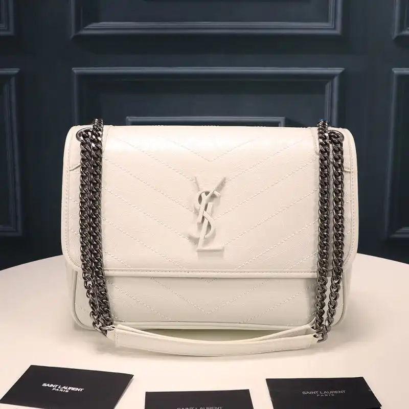 Saint Laurent Medium Niki Chain Bag In Crinkled And Quilted Leather White Silver