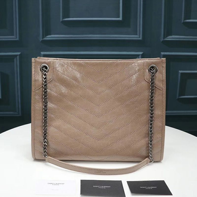 Saint Laurent Medium Niki Shopping Bag In Crinkled Vintage Leather Apricot Silver