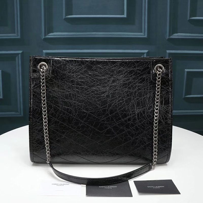 Saint Laurent Medium Niki Shopping Bag In Crinkled Vintage Leather Black Silver