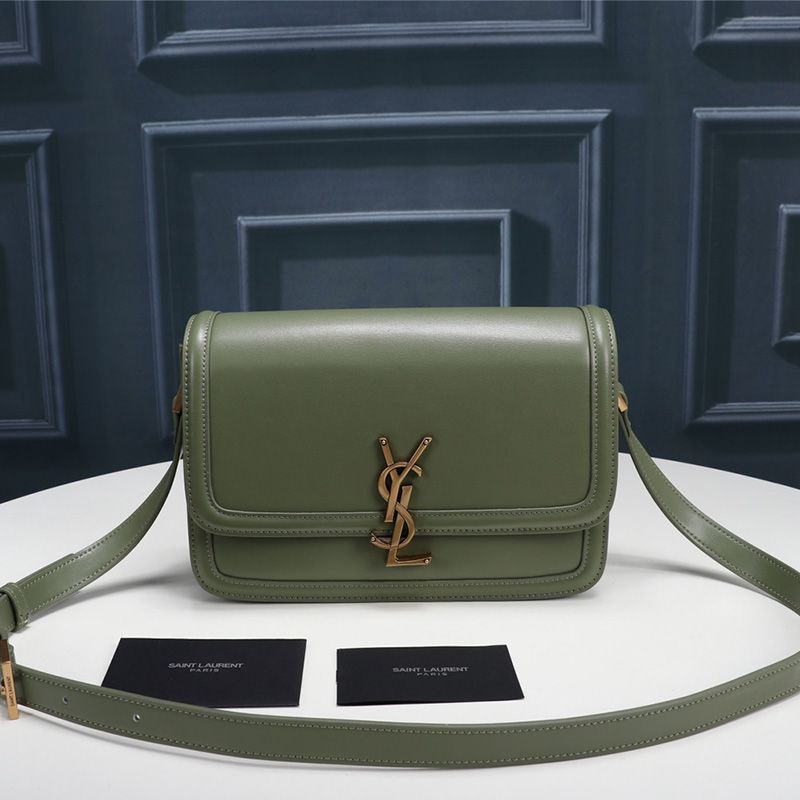 Saint Laurent Medium Solferino Satchel In Box Leather Green Gold