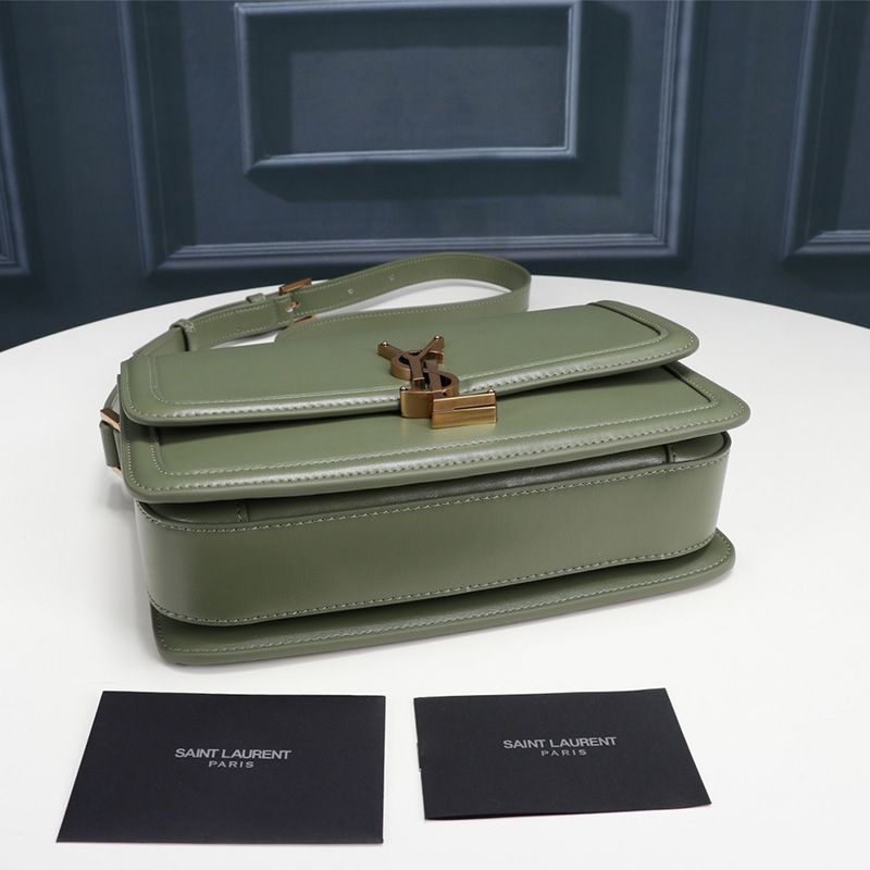 Saint Laurent Medium Solferino Satchel In Box Leather Green Gold