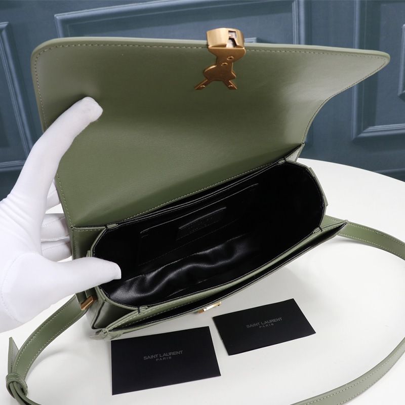 Saint Laurent Medium Solferino Satchel In Box Leather Green Gold