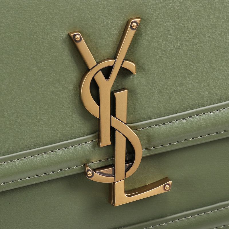 Saint Laurent Medium Solferino Satchel In Box Leather Green Gold