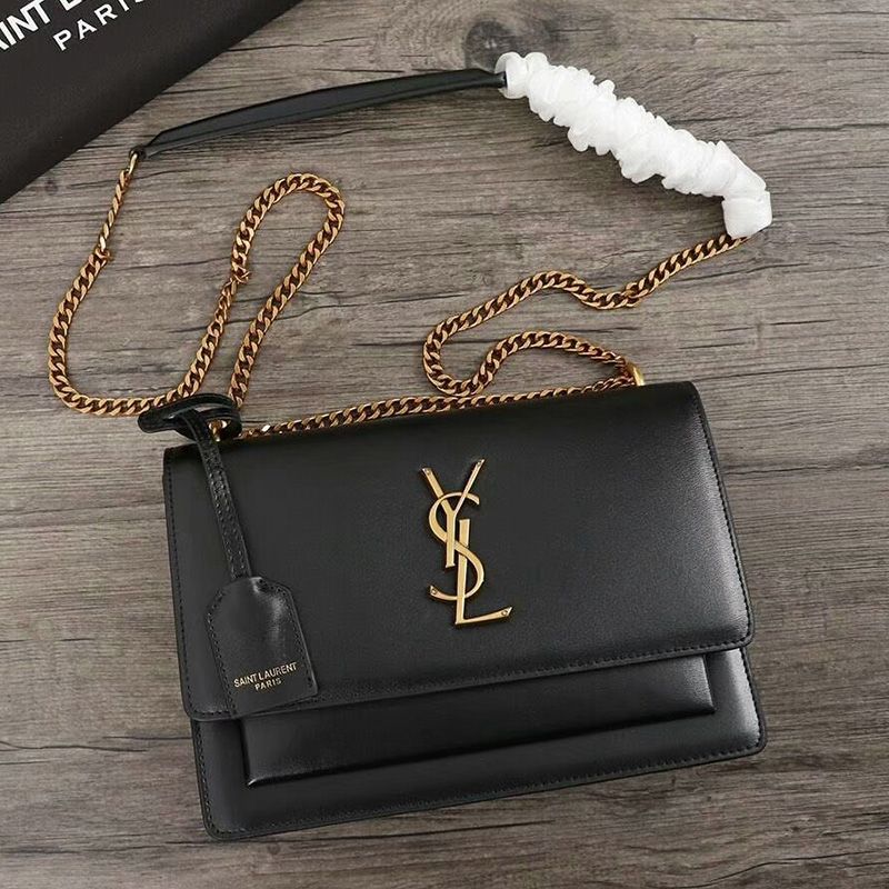 Saint Laurent Medium Sunset Chain Bag In Leather Black Gold