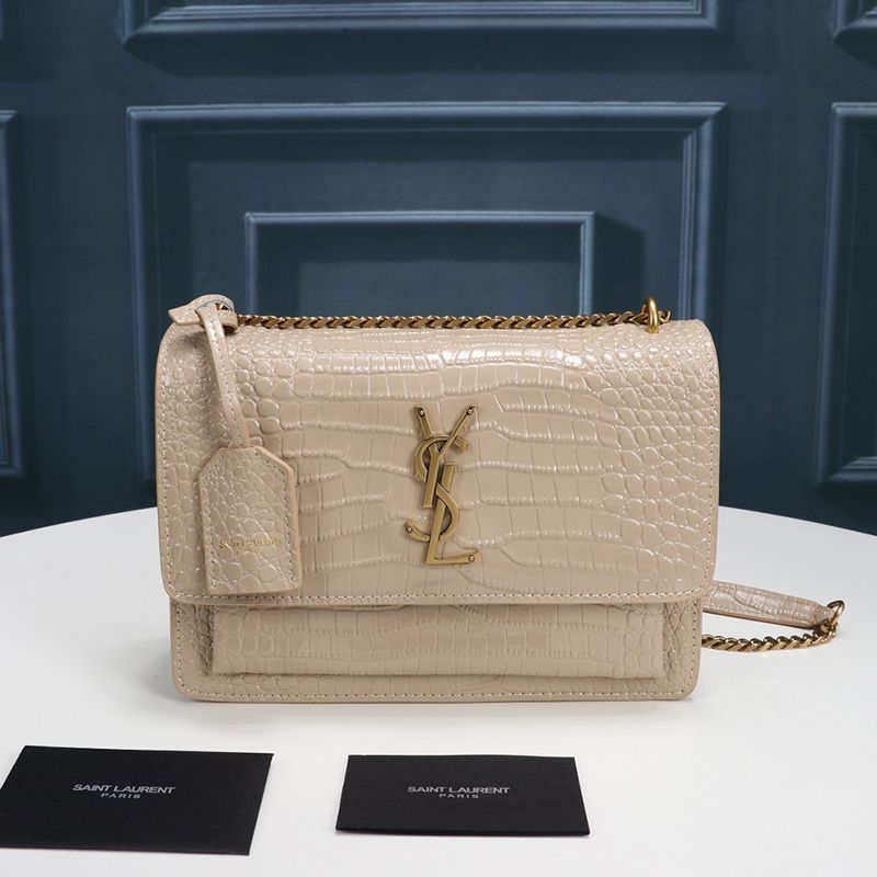 Saint Laurent Medium Sunset Chain Bag In Crocodile Embossed Leather Apricot Gold