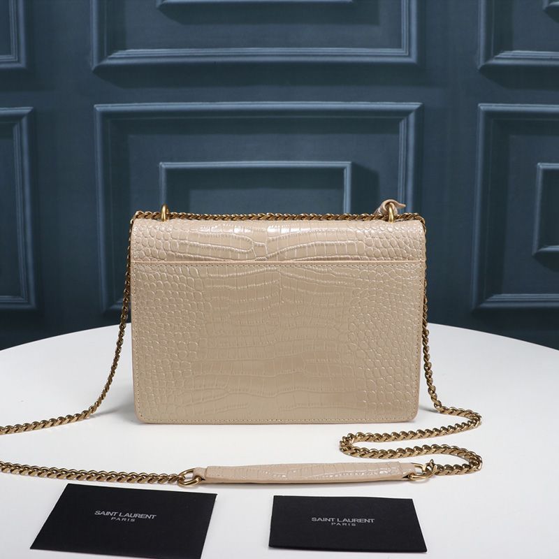 Saint Laurent Medium Sunset Chain Bag In Crocodile Embossed Leather Apricot Gold