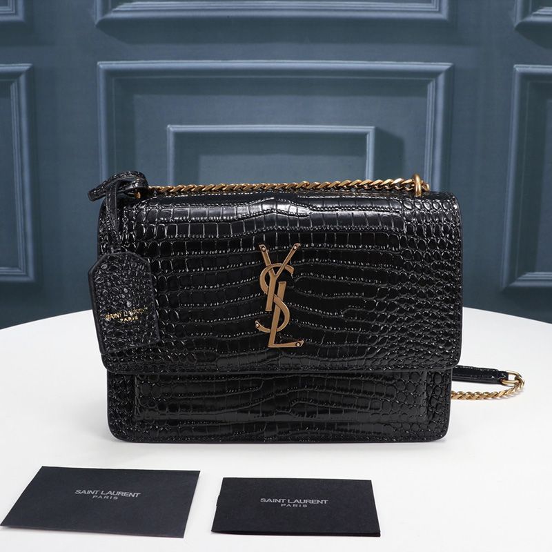 Saint Laurent Medium Sunset Chain Bag In Crocodile Embossed Leather Black Gold