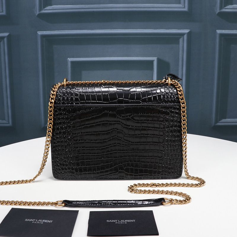 Saint Laurent Medium Sunset Chain Bag In Crocodile Embossed Leather Black Gold