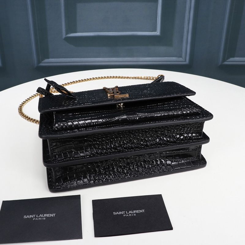 Saint Laurent Medium Sunset Chain Bag In Crocodile Embossed Leather Black Gold