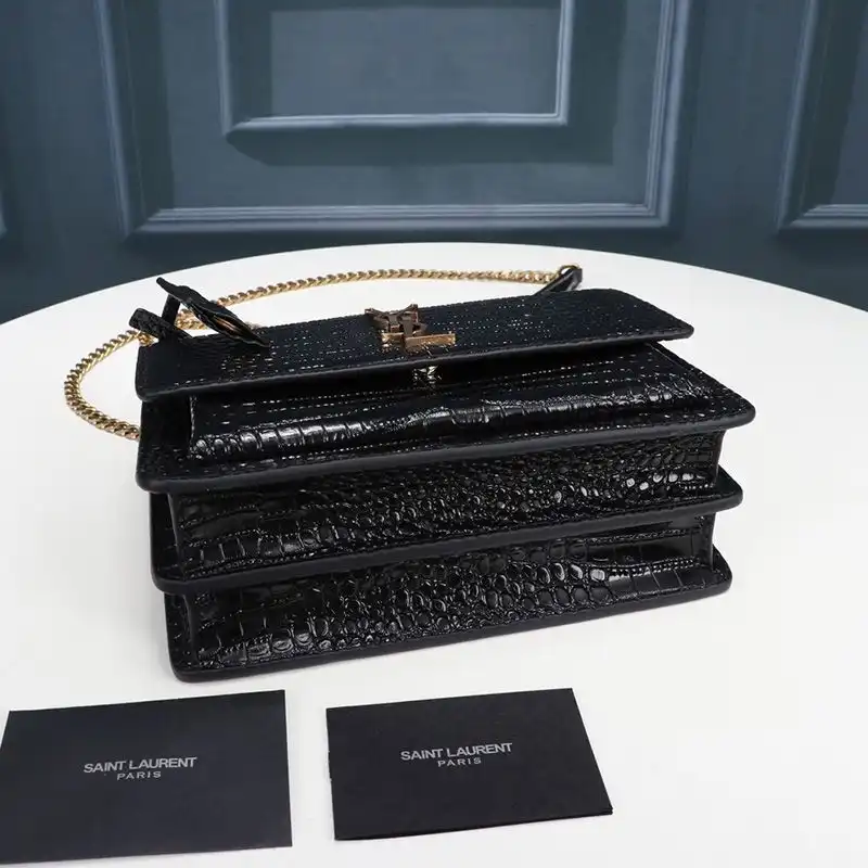 Cheap Saint Laurent Medium Sunset Chain Bag In Crocodile Embossed Leather Black Gold