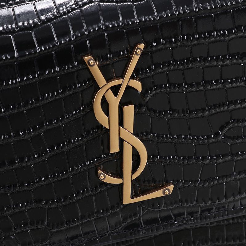 Saint Laurent Medium Sunset Chain Bag In Crocodile Embossed Leather Black Gold