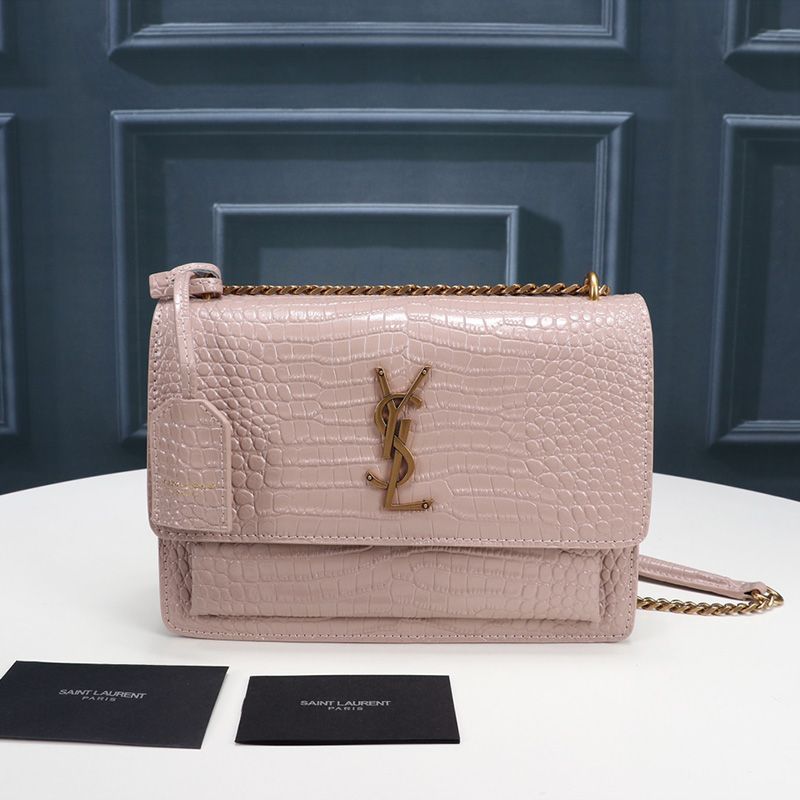 Saint Laurent Medium Sunset Chain Bag In Crocodile Embossed Leather Pink Gold