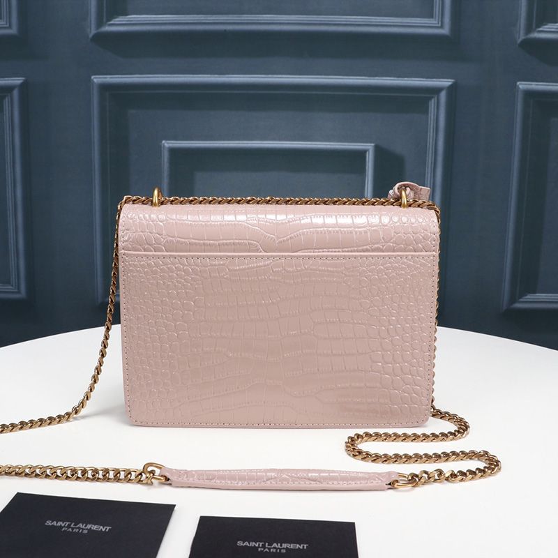 Saint Laurent Medium Sunset Chain Bag In Crocodile Embossed Leather Pink Gold