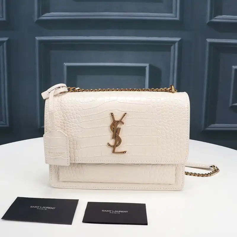 Saint Laurent Medium Sunset Chain Bag In Crocodile Embossed Leather White Gold