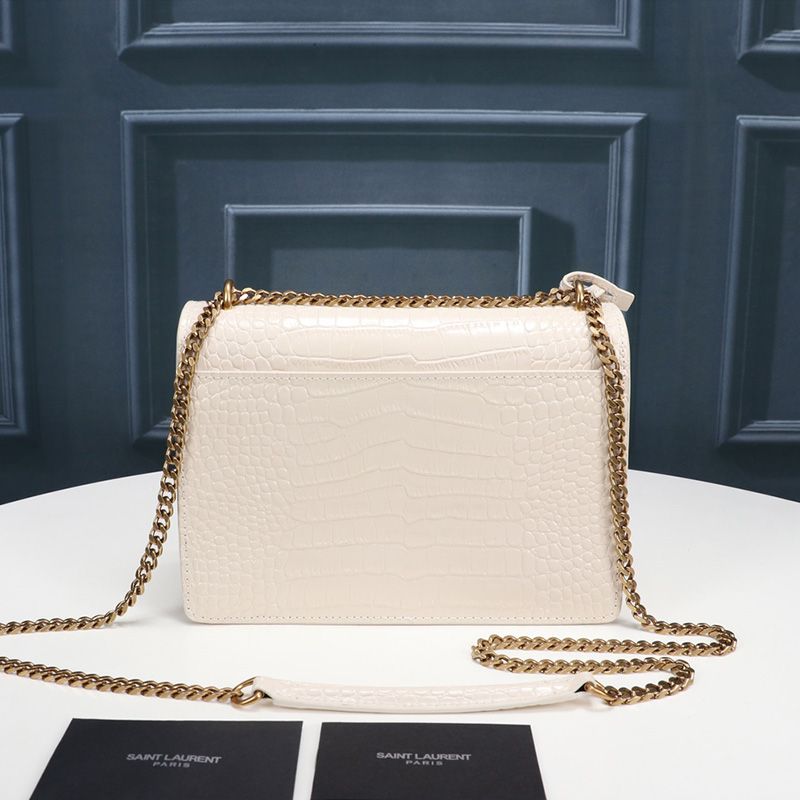 Saint Laurent Medium Sunset Chain Bag In Crocodile Embossed Leather White Gold