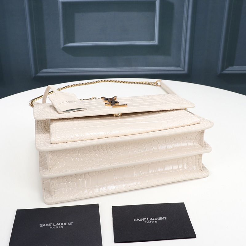 Saint Laurent Medium Sunset Chain Bag In Crocodile Embossed Leather White Gold