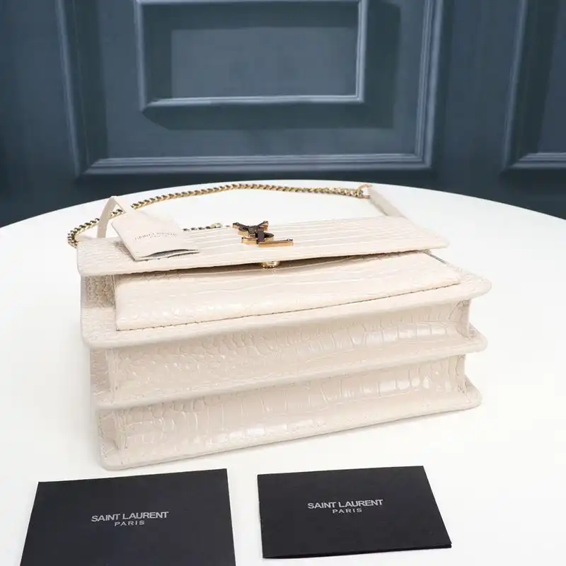 Cheap Saint Laurent Medium Sunset Chain Bag In Crocodile Embossed Leather White Gold