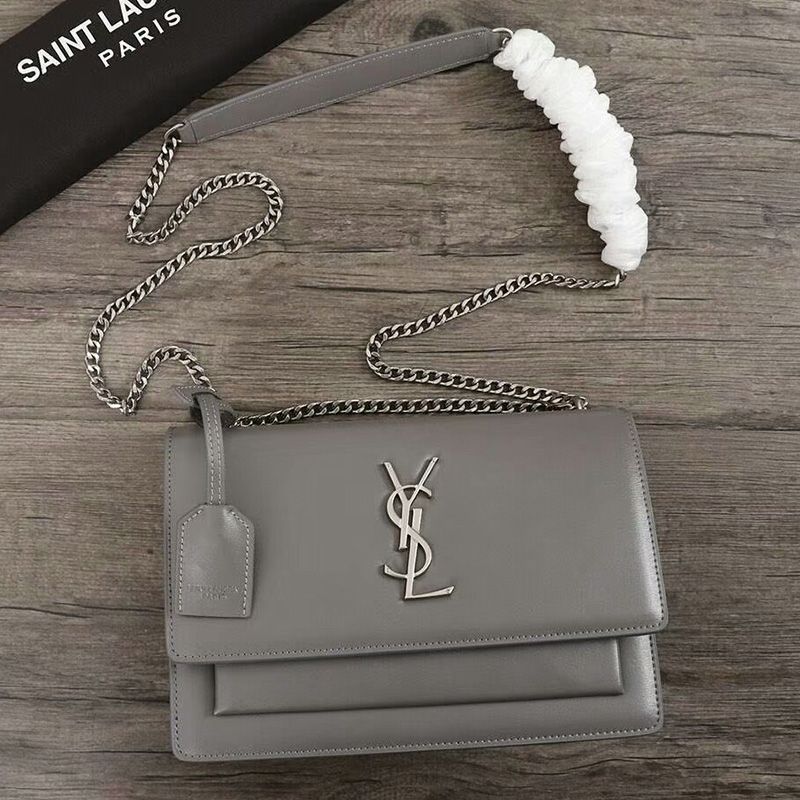 Saint Laurent Medium Sunset Chain Bag In Leather Grey Silver