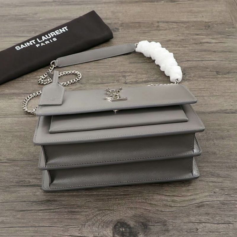 Saint Laurent Medium Sunset Chain Bag In Leather Grey Silver