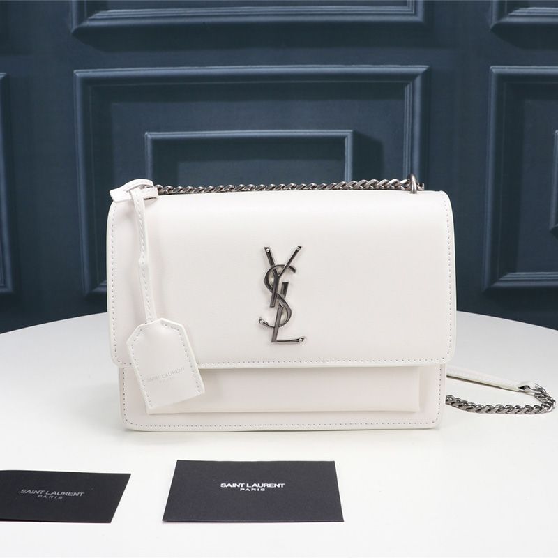 Saint Laurent Medium Sunset Chain Bag In Leather White Silver