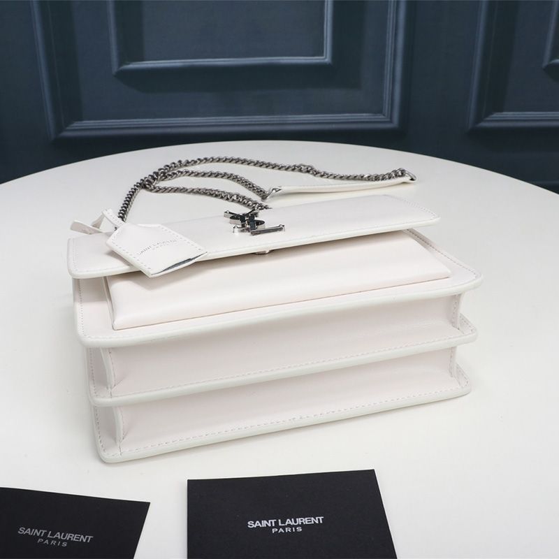 Saint Laurent Medium Sunset Chain Bag In Leather White Silver