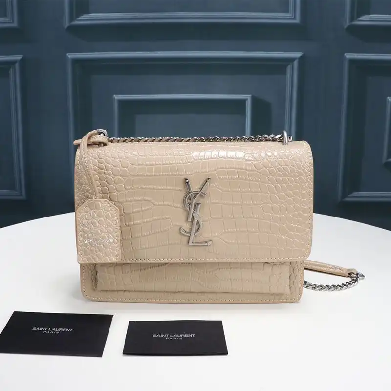 Saint Laurent Medium Sunset Chain Bag In Crocodile Embossed Leather Apricot Silver