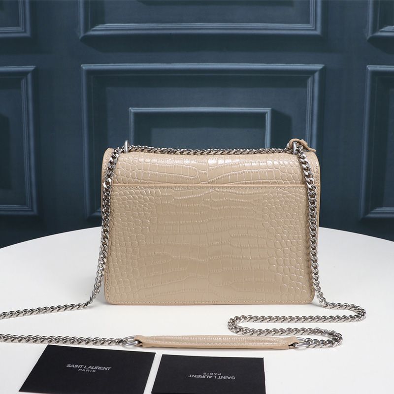 Saint Laurent Medium Sunset Chain Bag In Crocodile Embossed Leather Apricot Silver