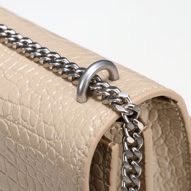 Saint Laurent Medium Sunset Chain Bag In Crocodile Embossed Leather Apricot Silver