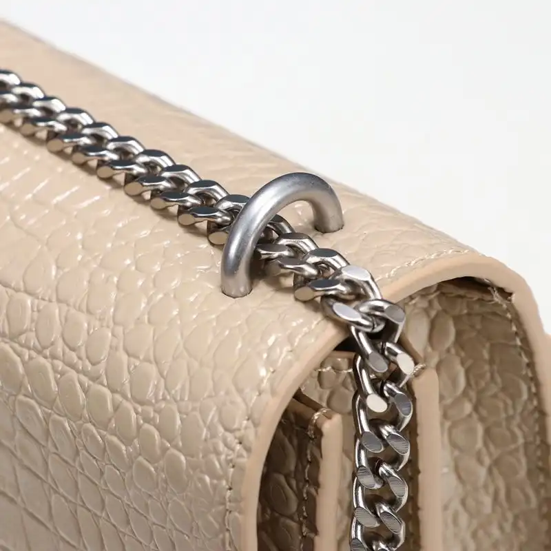 Cheap Saint Laurent Medium Sunset Chain Bag In Crocodile Embossed Leather Apricot Silver