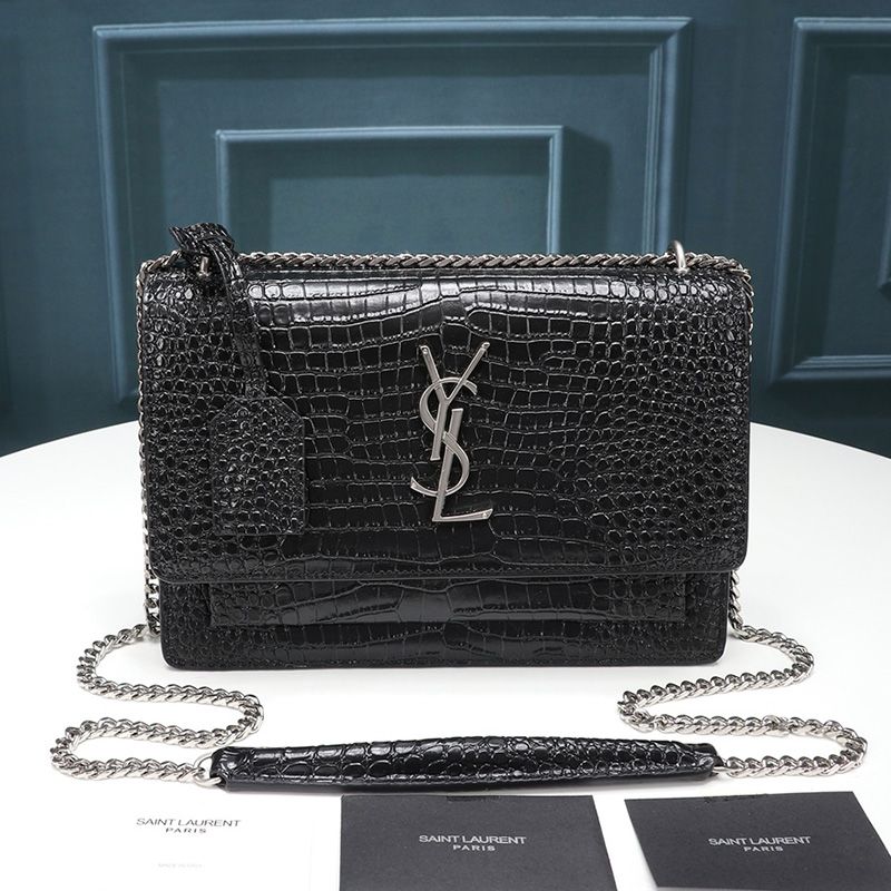 Saint Laurent Medium Sunset Chain Bag In Crocodile Embossed Leather Black Silver