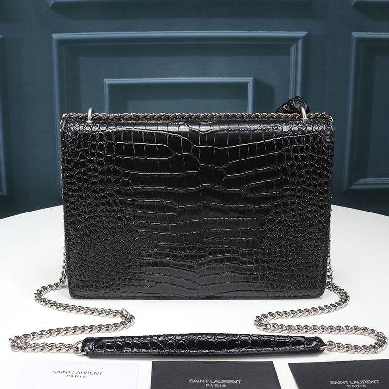 Saint Laurent Medium Sunset Chain Bag In Crocodile Embossed Leather Black Silver