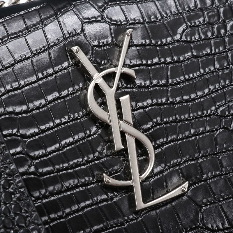 Saint Laurent Medium Sunset Chain Bag In Crocodile Embossed Leather Black Silver